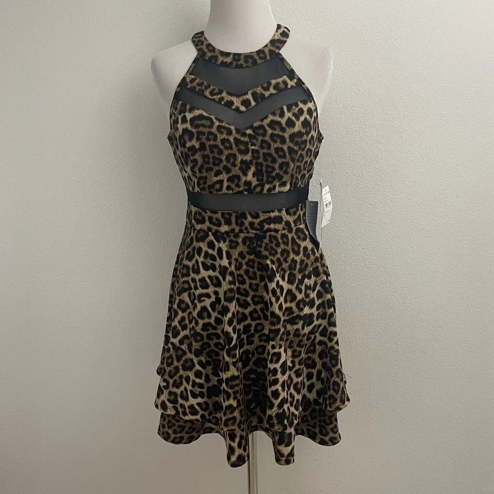 NORDSTROM LEOPARD PRINT BLACK MESH DETAIL FITTED STRECH A-LINE MINI DRESS - Picture 1 of 10